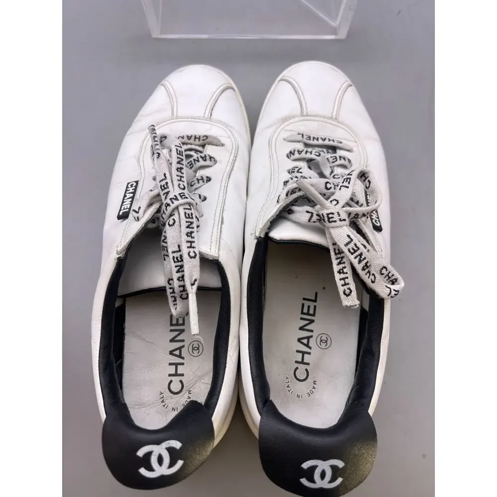 CHANEL CC Logo G34085 White Leather Low Top Lace-Up Sneaker Shoes Size EUR 38